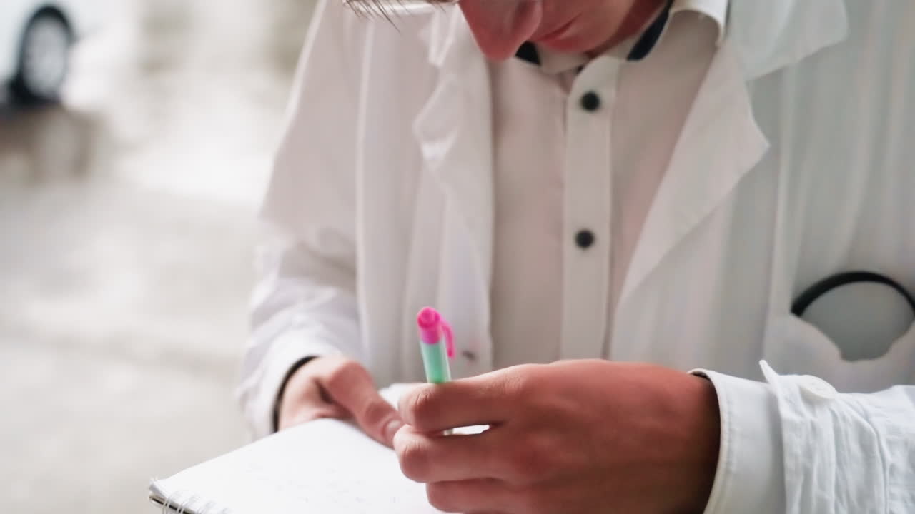 Young man in white lab coat standing outdoors carefully writing on jotter using pen, reflecting dedication, focus, and commitment to scientific study and academic research documentation