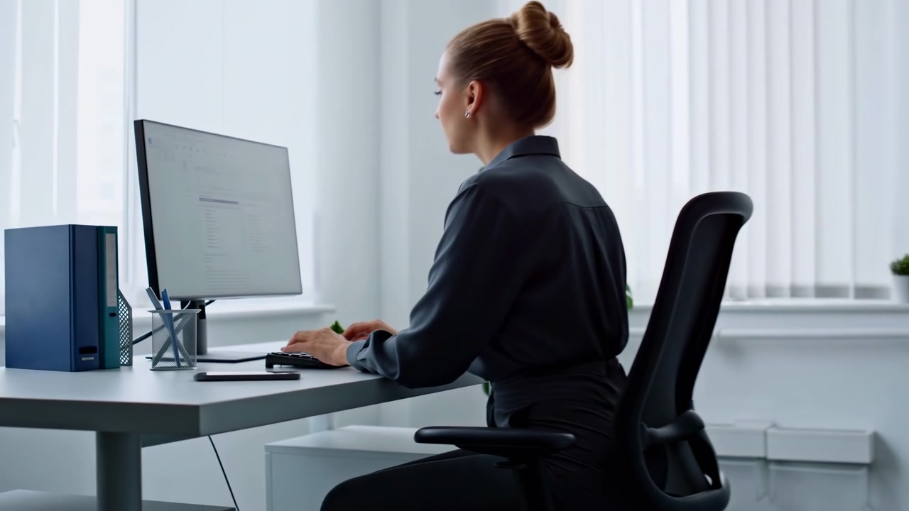 La vista laterale mostra una donna seduta al computer mentre le sue mani si spostano dalla superficie della scrivania alla tastiera, con monitor, raccoglitori, tende alla veneziana, piante in vaso e arredi da ufficio chiari