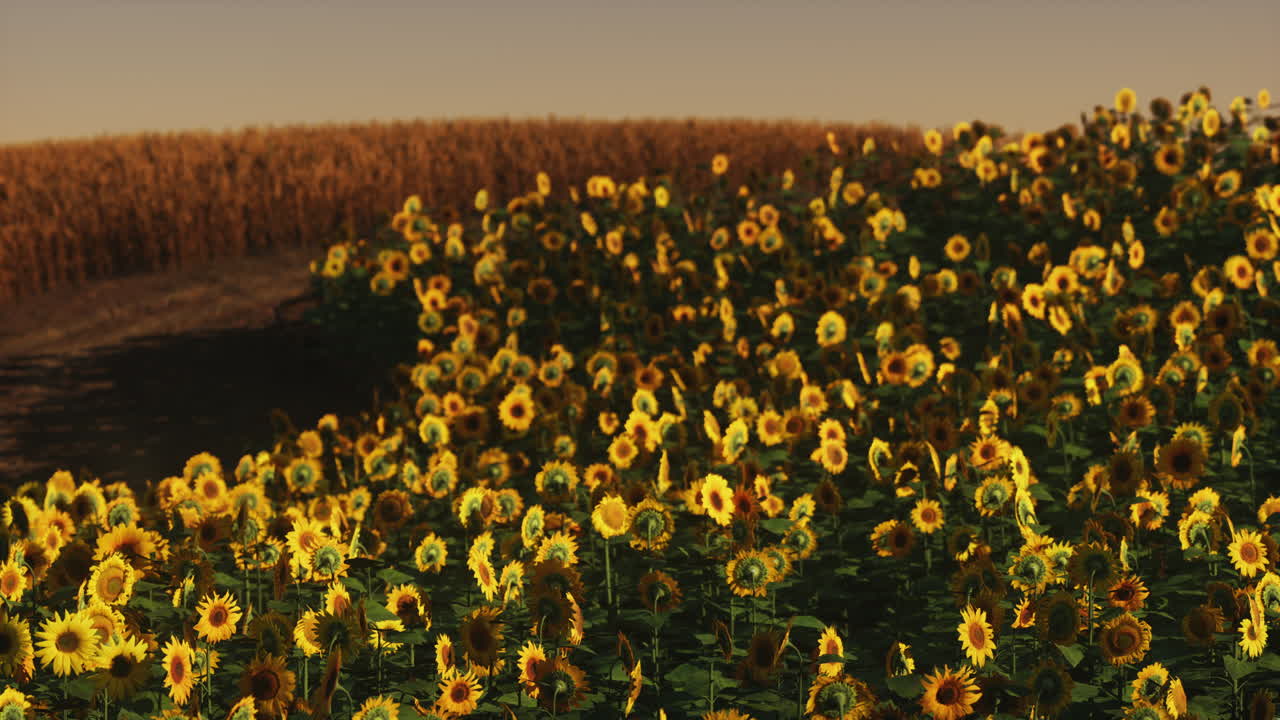 꽃이 피는 해바라기 들판 의 배경 은 해가 지는 곳 이다