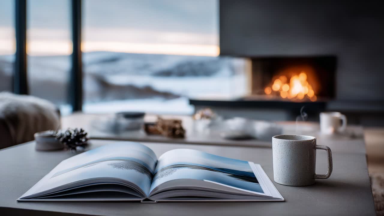 Cozy Winter Retreat: A Beautifully Arranged Scene Featuring a Warm Living Room with a Stunning View, an Open Book of Nature Photography, a Steaming Mug, and a Captivating Fire in the Background