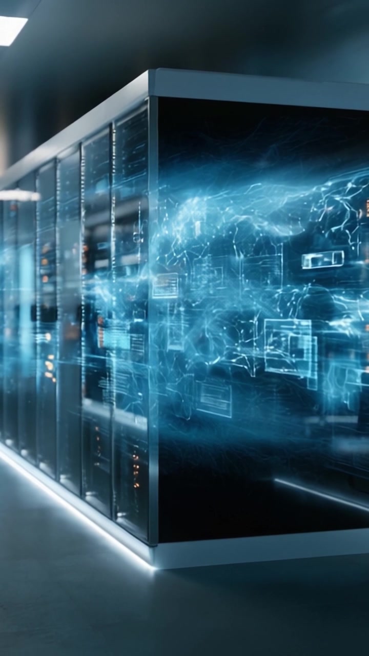 Futuristic Data Center with High-Tech Graphics and Dynamic Visuals Representing Information Flow and Digital Connectivity in a Modern Environment