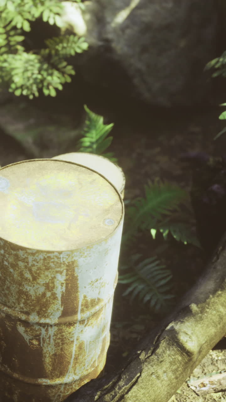 Old metal barrel placed near green plants in a natural area