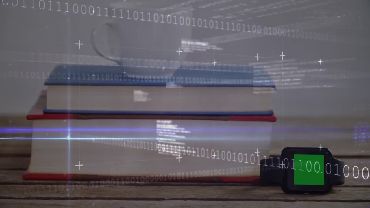 Schwache Binärströme erscheinen, verursachen Scannen von Büchern, Becher, Uhr mittels Lichtstrahlen, zeigen Datenfluss.