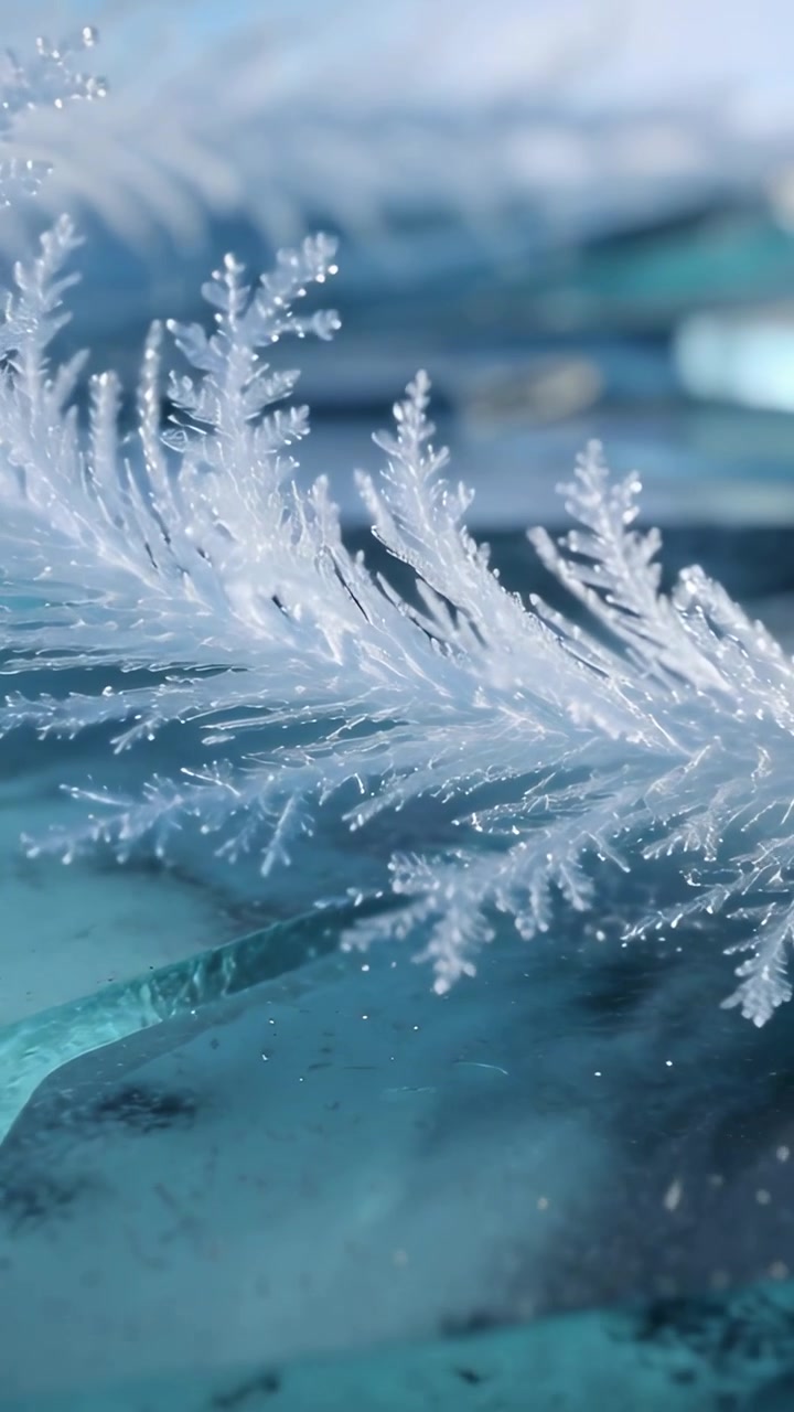 Video verticale: Tracciamento di una felce di ghiaccio mentre la telecamera zooma in studio, mostrando goccioline d'acqua su lastre blu.