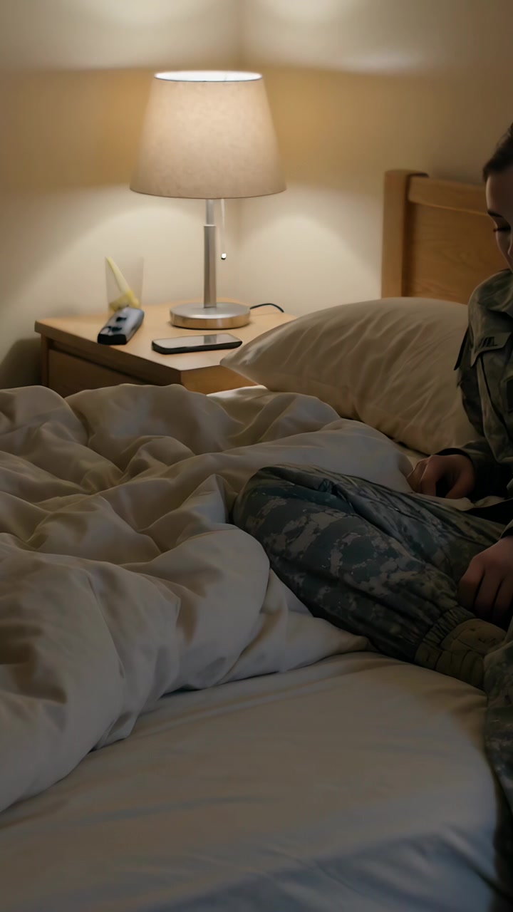 Vertical video: Smoothing duvet, soldier in camo settling on bed, adjusting hands, lamp, copy space