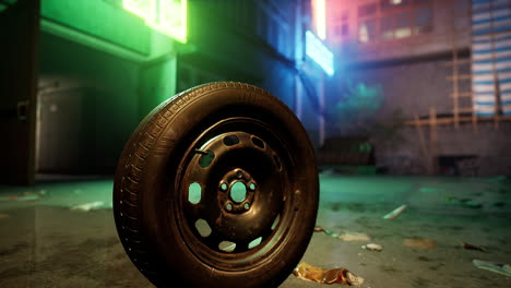 a single tire abandoned on a dark city street