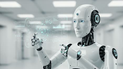 a futuristic robot analyzing data through an interactive holographic display in a modern high-tech environment
