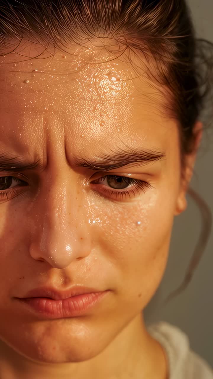 Vertical video: Frowning woman shifting gaze as camera closing in at studio, showing bead and sweat