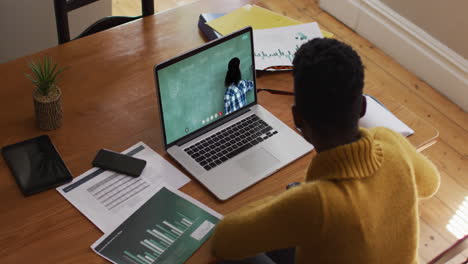 estudiante afroamericana usando una computadora portátil en una videollamada con una maestra