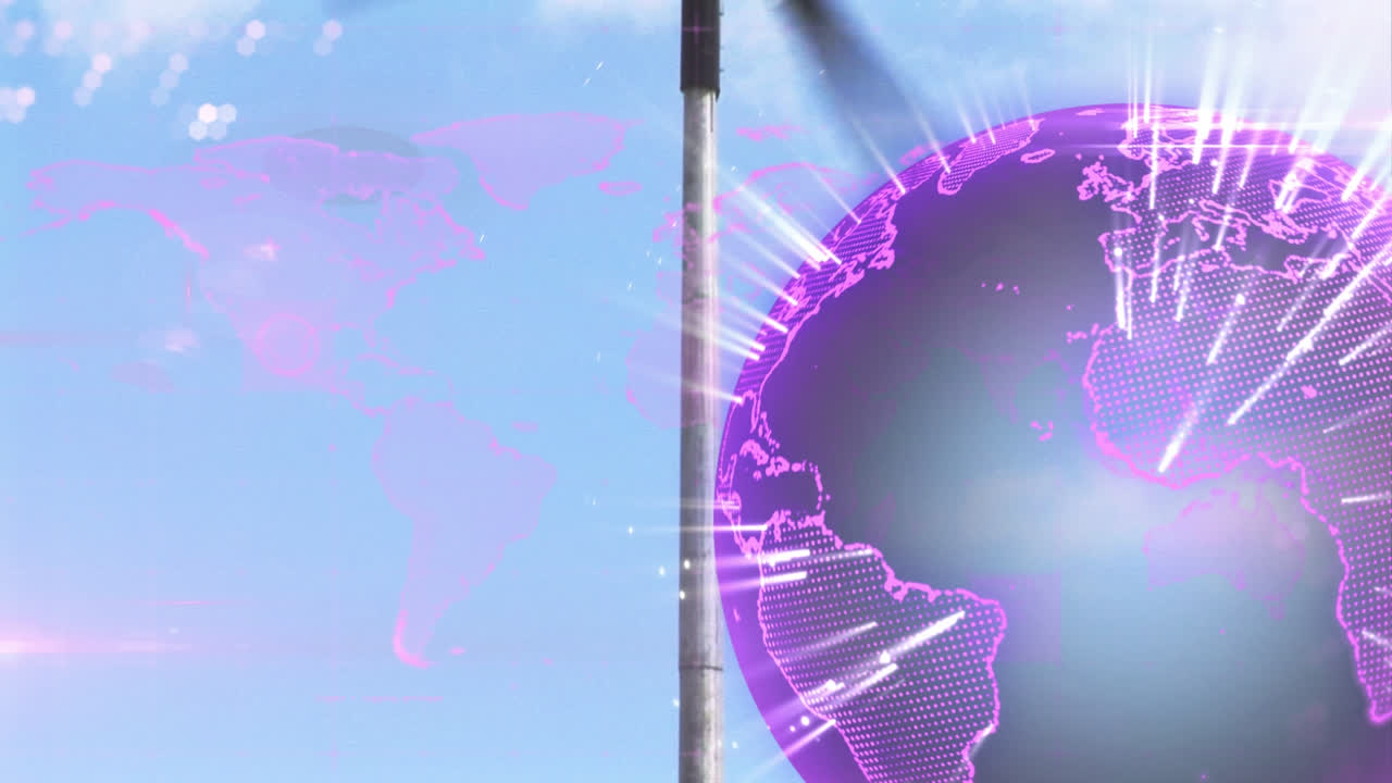 Animasi globe dengan peta dunia dan pemrosesan data di atas turbin angin