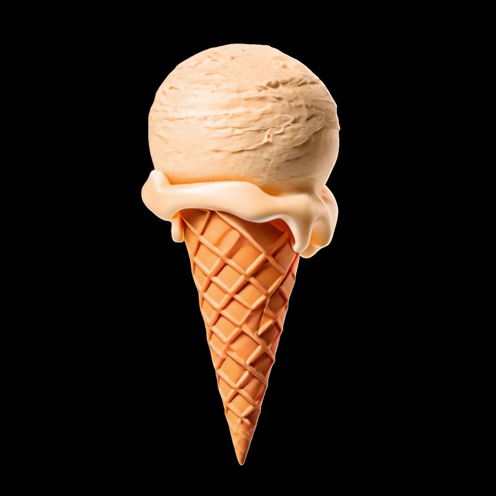 Pallina di gelato che si scioglie in un cono waffle su sfondo nero