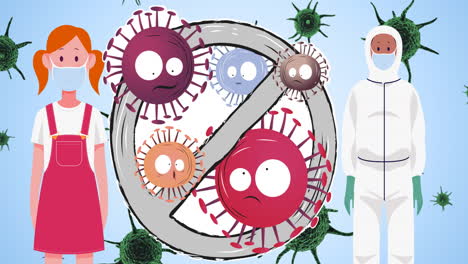 animation of people with face mask and prohibition sign over virus cells