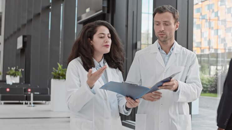 coppia di medici che discutono un documento in clinica