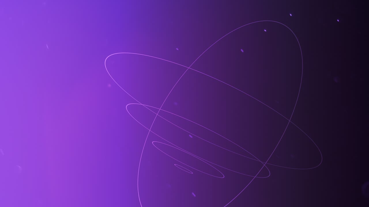 Purple neon abstract spiral circles in space with fly glitters