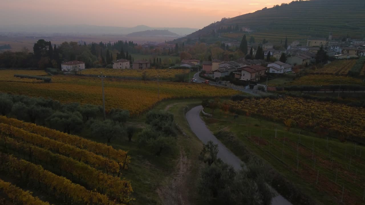 drone aéreo volando sobre pintorescos campos de viñedos amarillos y verdes en las colinas de valpolicella, verona, italia en otoño después de la cosecha de uva para el vino ripasso al atardecer rodeado de pueblos tradicionales