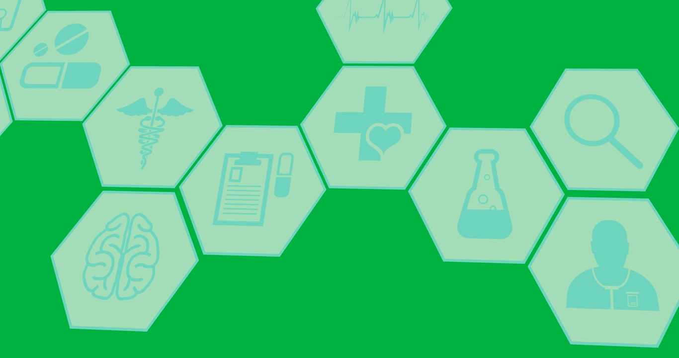 Animação digital de múltiplos ícones médicos verdes em formas hexagonais contra fundo preto