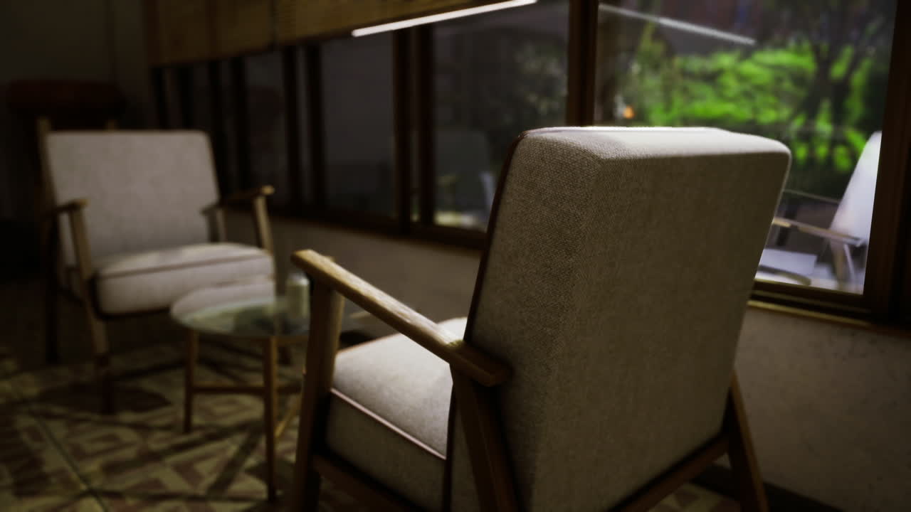 Calm seating area with tropical views and subdued colors for reflection