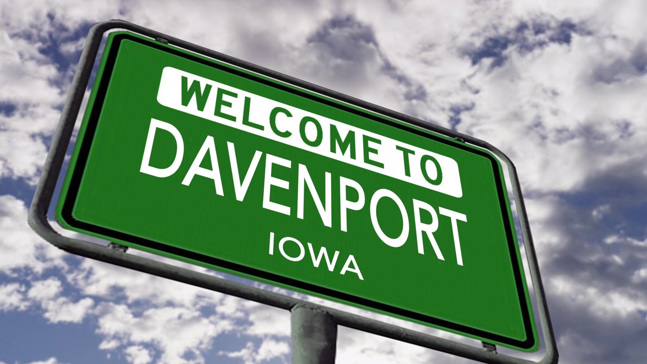 Welcome to Davenport, Iowa. USA City Road Sign Close Up, Realistic 3d Animation