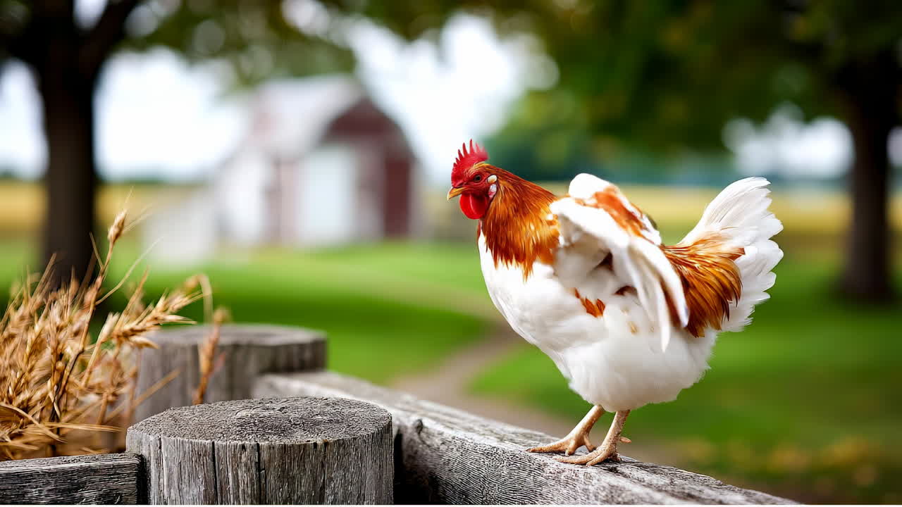 Vibrant rooster stretching. A rooster with vibrant feathers stretches its wings on a wooden fence at a peaceful farm, surrounded by green fields