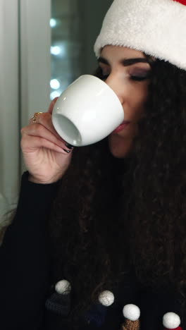 girls drinking cup of tea. young women wearing red hat and drinking cup of tea on window sill vertical video