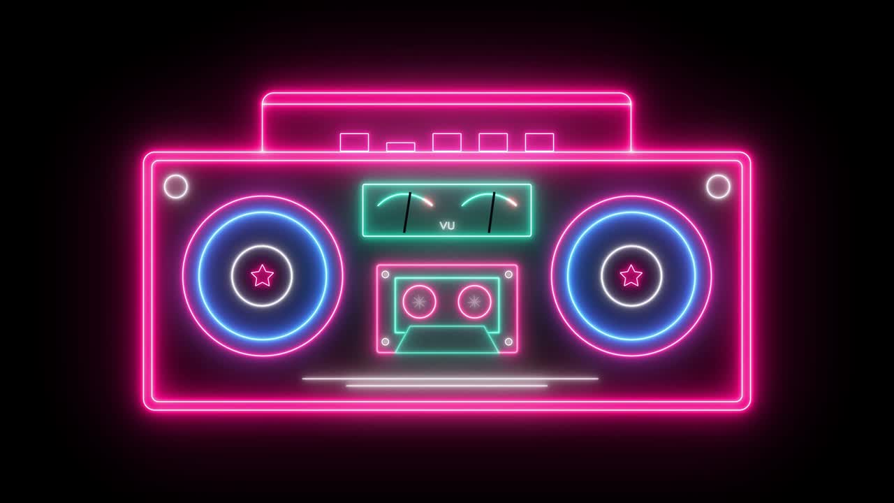 grabador de radio estéreo de diseño retro y reproductor de casetes, con luces de neón y altavoces animados, sobre un fondo negro. bucle sin costuras, 4k