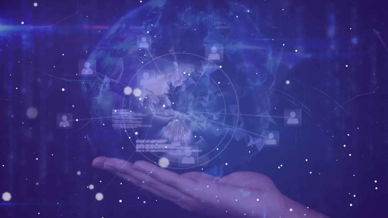 사람들과의 연결 네트워크의 애니메이션 아이콘 지구와 도타 처리가 손에