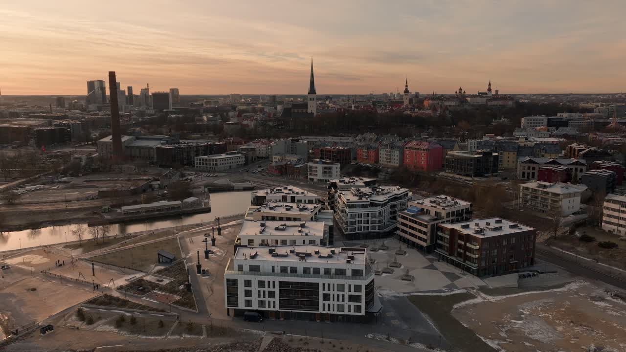 Dramatic Aerial shot of Tallinn old town sunrise - February 2023