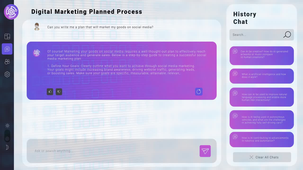animación de procesamiento de datos digitales y chat ai en fondo de pantalla púrpura