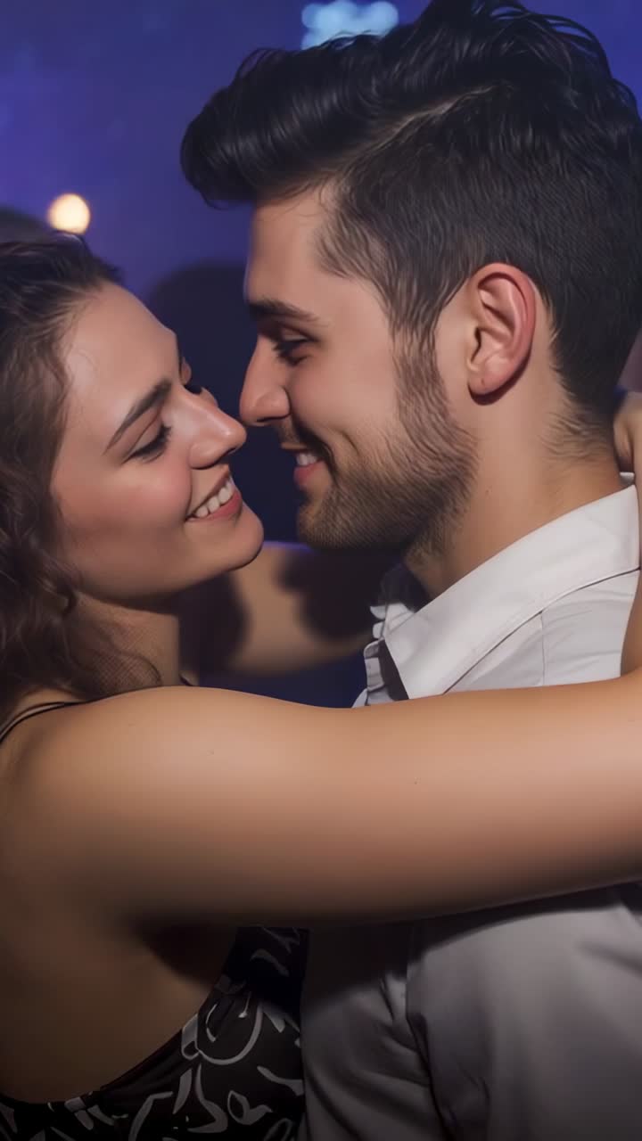 Vídeo vertical: dupla sorrindo se inclinando para um beijo, boate escura, vestido estampado, camisa clara, braços em volta do pescoço