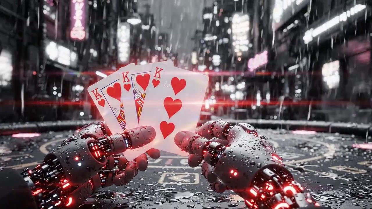 A futuristic card game takes place in a rain-soaked neon city, showcasing robotic hands holding royal flush cards amidst vibrant urban lights and atmospheric mist.
