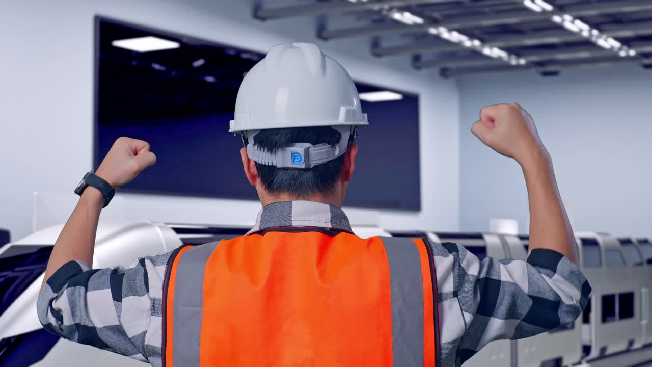 Close Up Back View Of A Male Engineer With Safety Helmet Raising His Hands Celebrating While Working, Futuristic High-Speed Train in a Modern Testing Facility