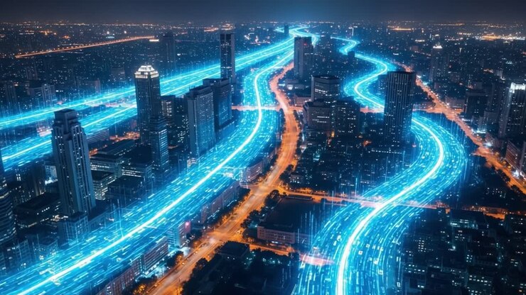 Una straordinaria vista aerea di autostrade urbane animate con scie di luce luminose che creano un paesaggio urbano notturno dinamico, valorizzato da un'architettura moderna