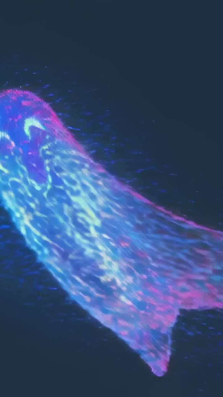 Vertical video: Emerging particle ribbon undulating in black void, drifting neon blue pink speckles