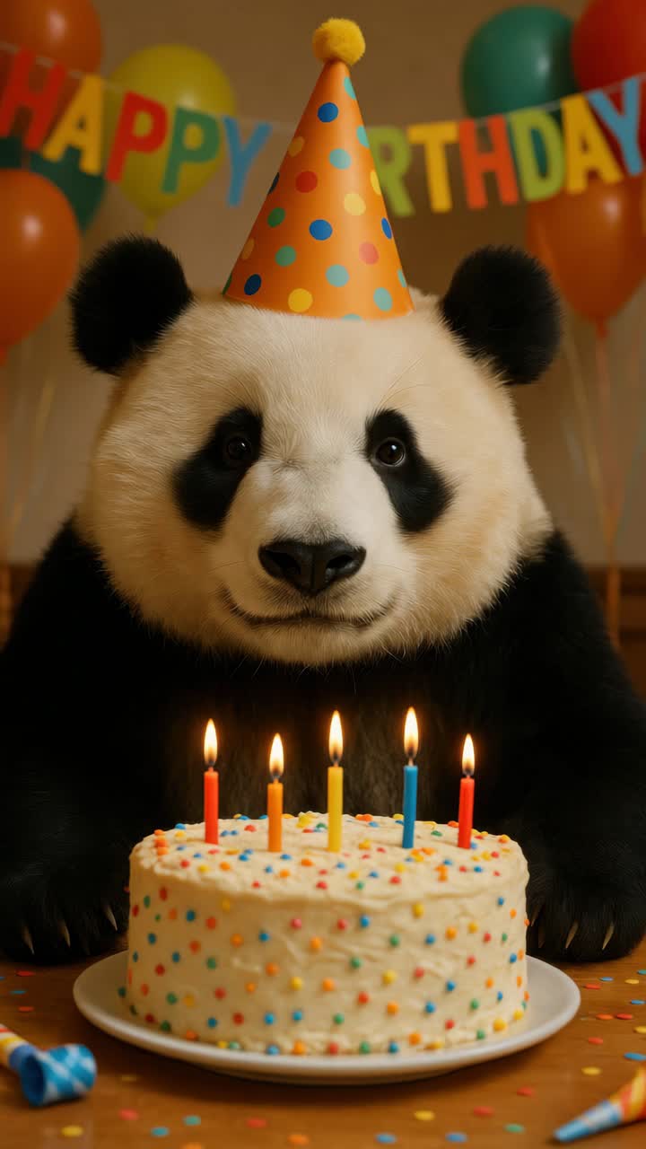 Un concetto video divertente con un panda con un cappello da festa, ripreso da un angolo frontale, con un compleanno