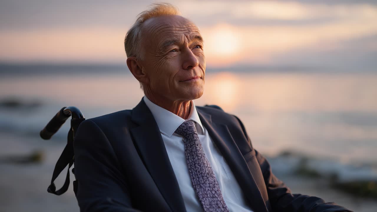 A Thoughtful Moment: An Elderly Man in a Suit Reflecting by the Serene Seashore at Sunset, Capturing a Sense of Peace and Contemplation in Nature's Embrace