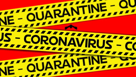 animation of coronavirus quarantine warning text on yellow hazard tape, over bats, on red