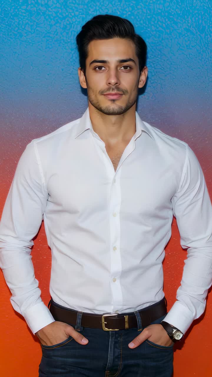 Vertical video: Recording man posing at painted gradient wall, in white shirt dark jeans belt watch