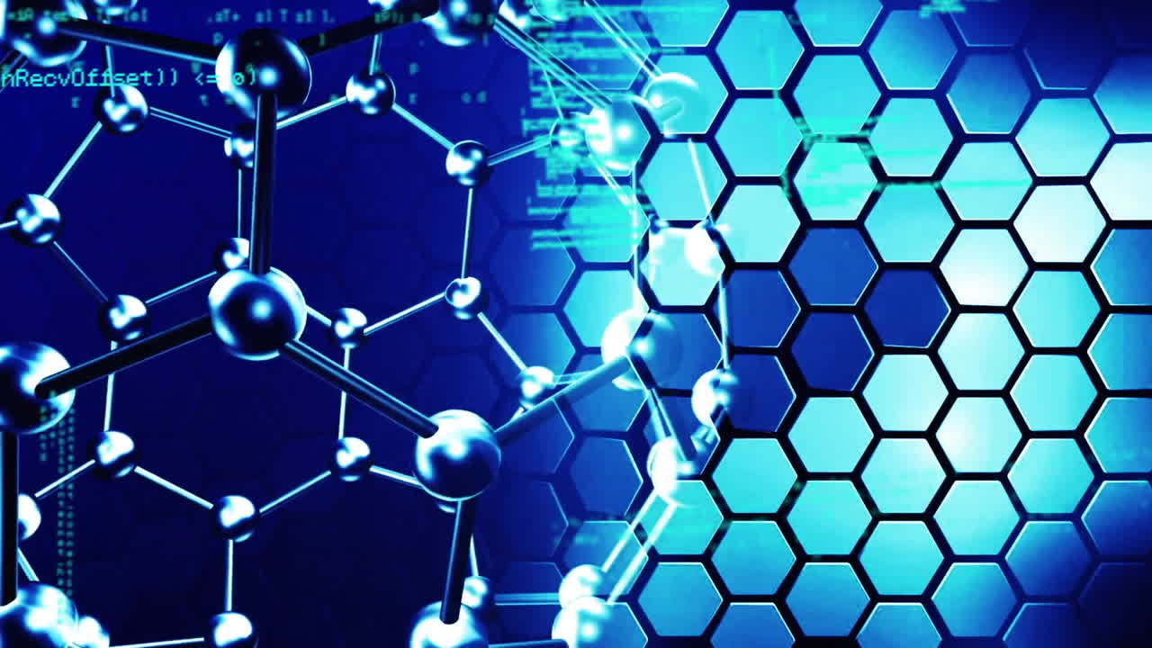 animación de círculos conectados, hexágonos y lenguaje informático sobre fondo azul