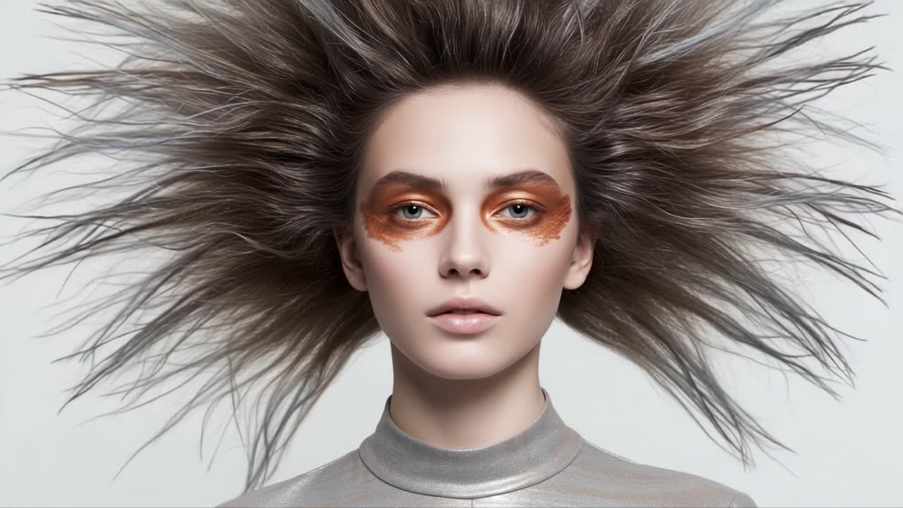 A Stunning Portrait Showcasing Unique Hair and Makeup: The Model's Striking Look Features Bold Orange Accents and Effortlessly Styled Voluminous Hair in a Minimalist Setting