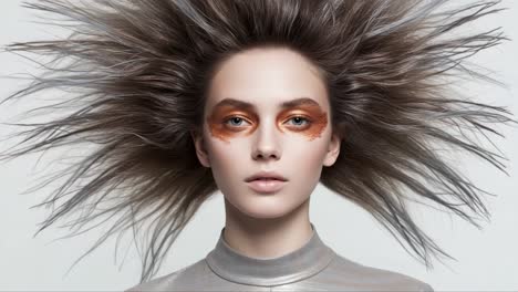 a stunning portrait showcasing unique hair and makeup: the model's striking look features bold orange accents and effortlessly styled voluminous hair in a minimalist setting