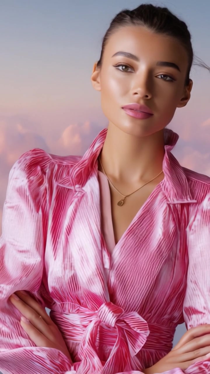 Modella elegante in posa con un magnifico abito rosa su uno sfondo da sogno, che cattura grazia e stile in un'atmosfera serena.