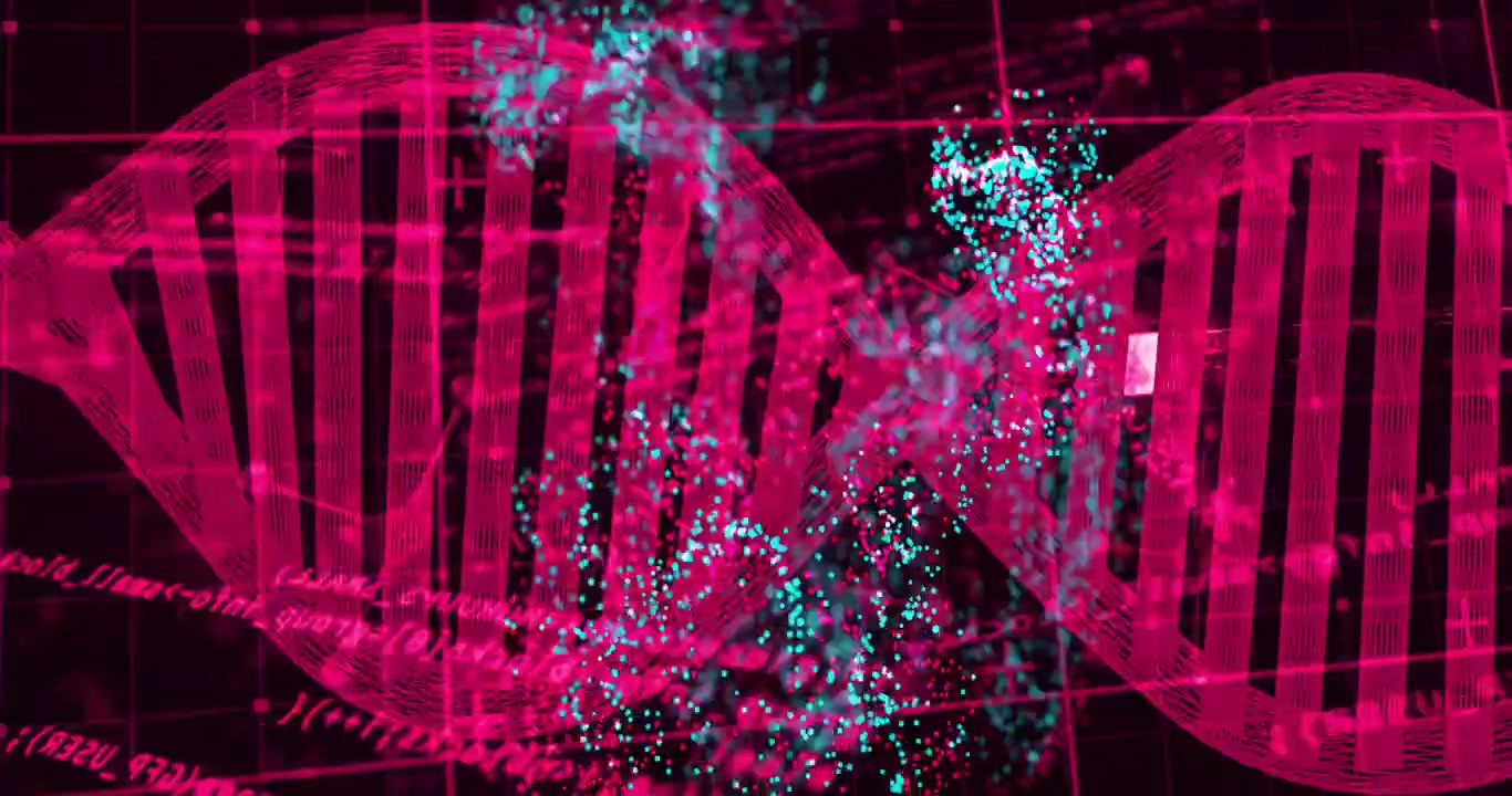 Cyan cluster appearing and moving through magenta helix, helix rotating, visualizing data flow