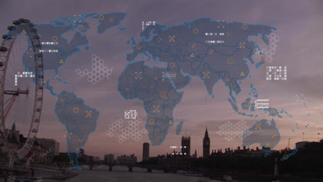 animation of financial data processing over wold map and london cityscape