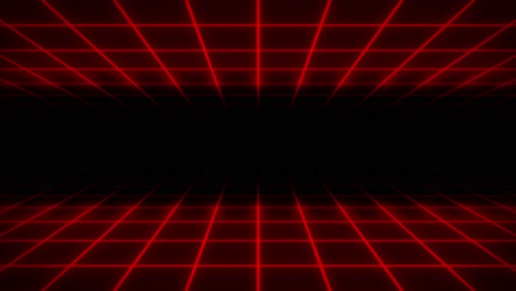 Neongitter-3D-Animation-Tunnelportal-Beleuchtung-Leuchtende-Helle-Linien-Hintergrund-Nahtlose-Schleife-Illusion-Weltraumhintergrund-Formen-Visueller-Effekt-Farbe-Rot