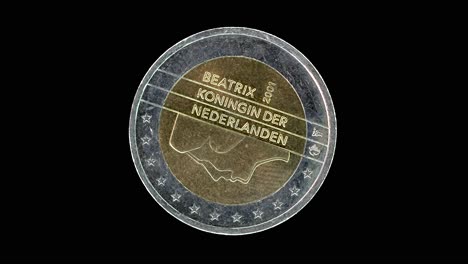 netherlands 2001 2 euro obverse with queen beatrix portrait rotating on black background