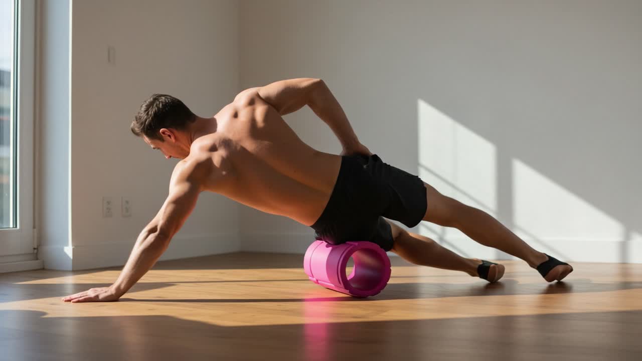 A Fit Individual Engaging in Foam Rolling for Muscle Recovery on a Sunlit Floor in a Modern Indoor Space