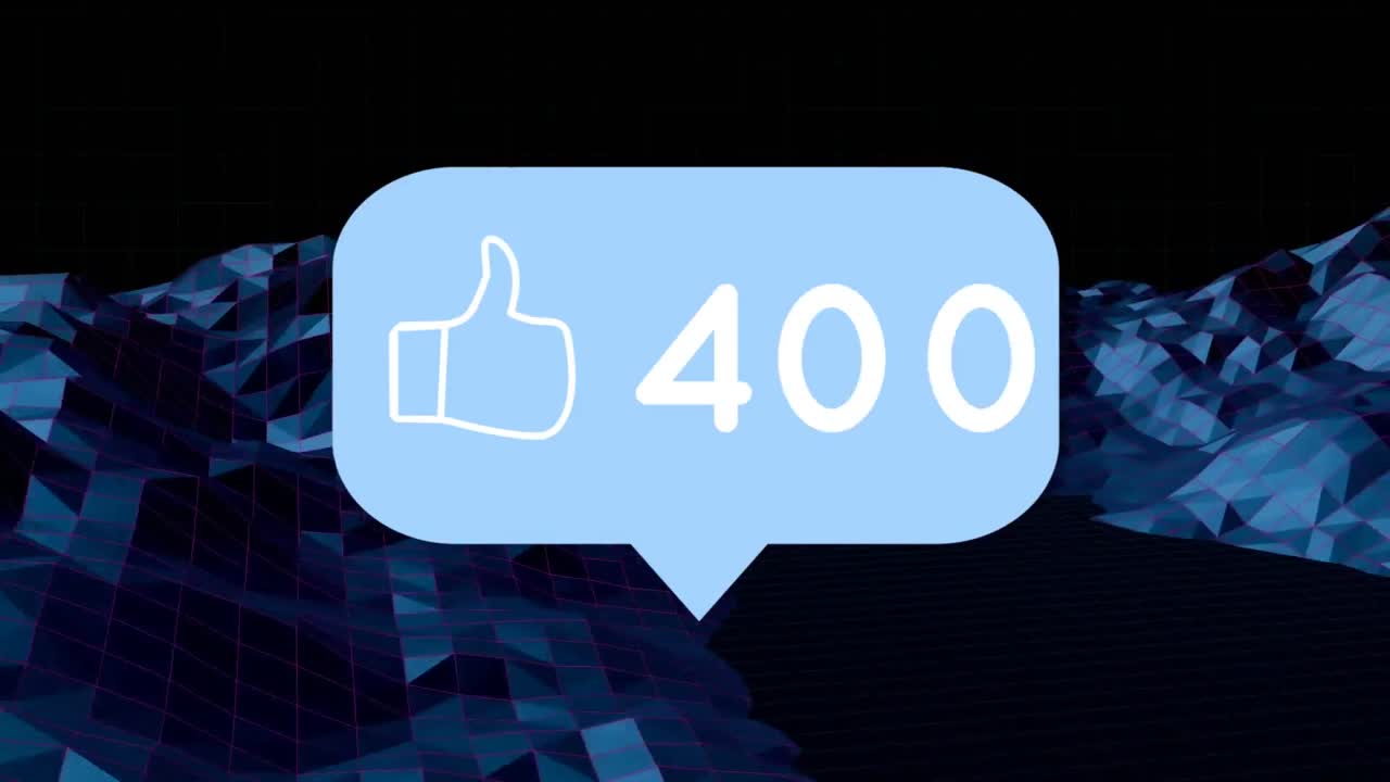 Like icon with increasing numbers on speech bubble over 3d structures spinning on black background
