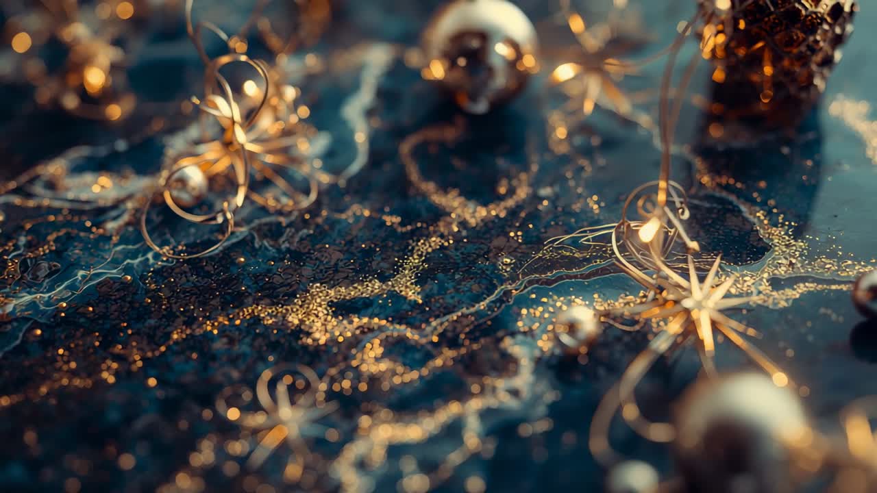 Starting camera panning across tabletop shifting focus to honeycomb gold ornament revealing glitter