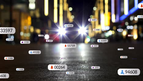 animation of social media icons with growing numbers over car on city street