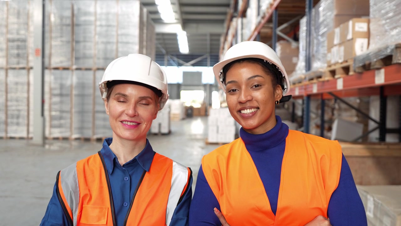 Two Female Warehouse Workers Smiling in Distribution Center